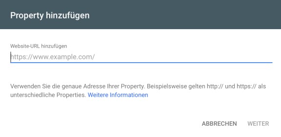 Geben Sie die Webseiten-URL ein, um eine neue Property in der Google Search Console hinzuzufügen.