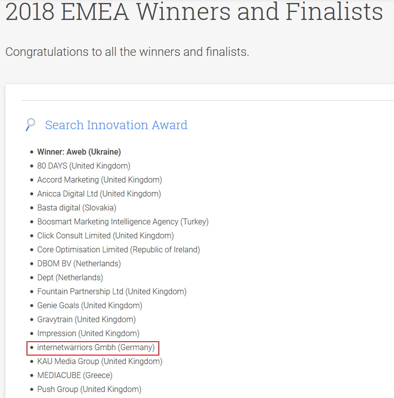 Finalisten und Gewinner - Google Premium Partner Award 2018