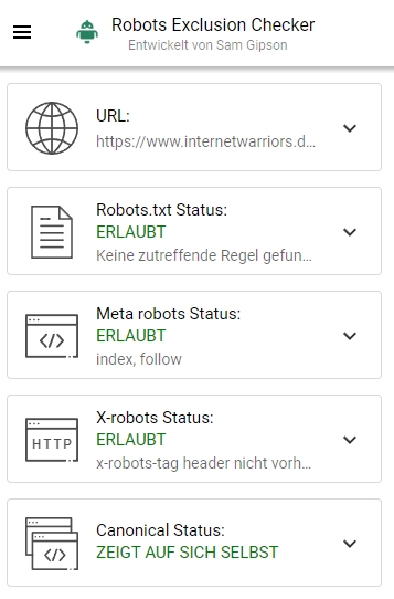 Ausgabe Robots Exclusion Checker - Browser Tool